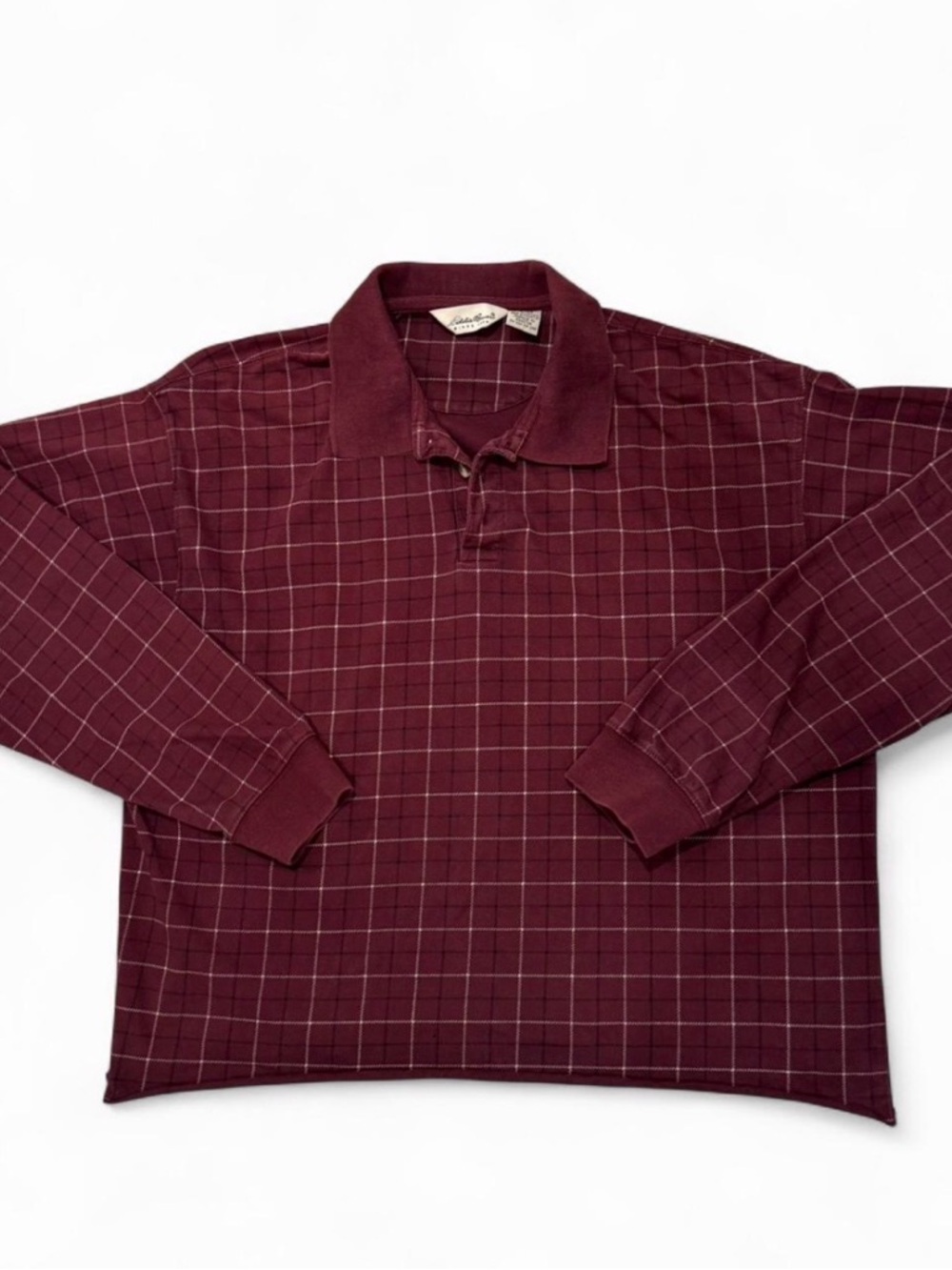 Eddie Bauer Men's Burgundy Windowpane Long-Sleeve Polo